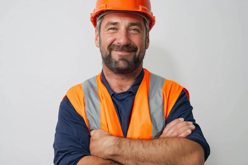 Construction worker in orange safety helmet and vest smiling with arms crossed against white background