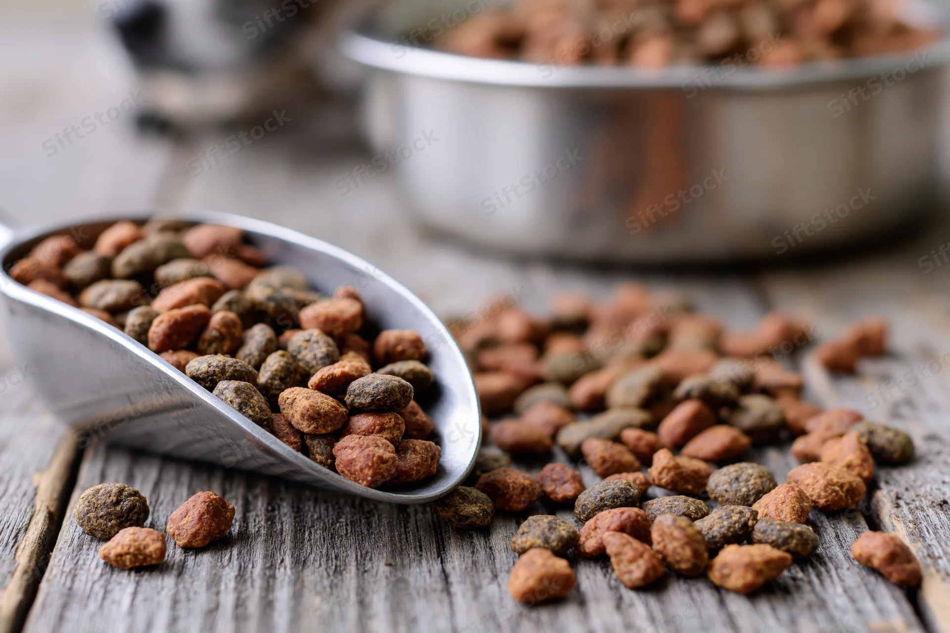 Metal scoop overflowing with dry pet kibble scattered on wooden table