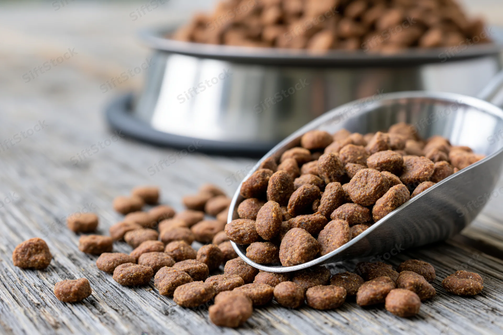 Metal scoop overflowing with dry pet kibble scattered on wooden surface