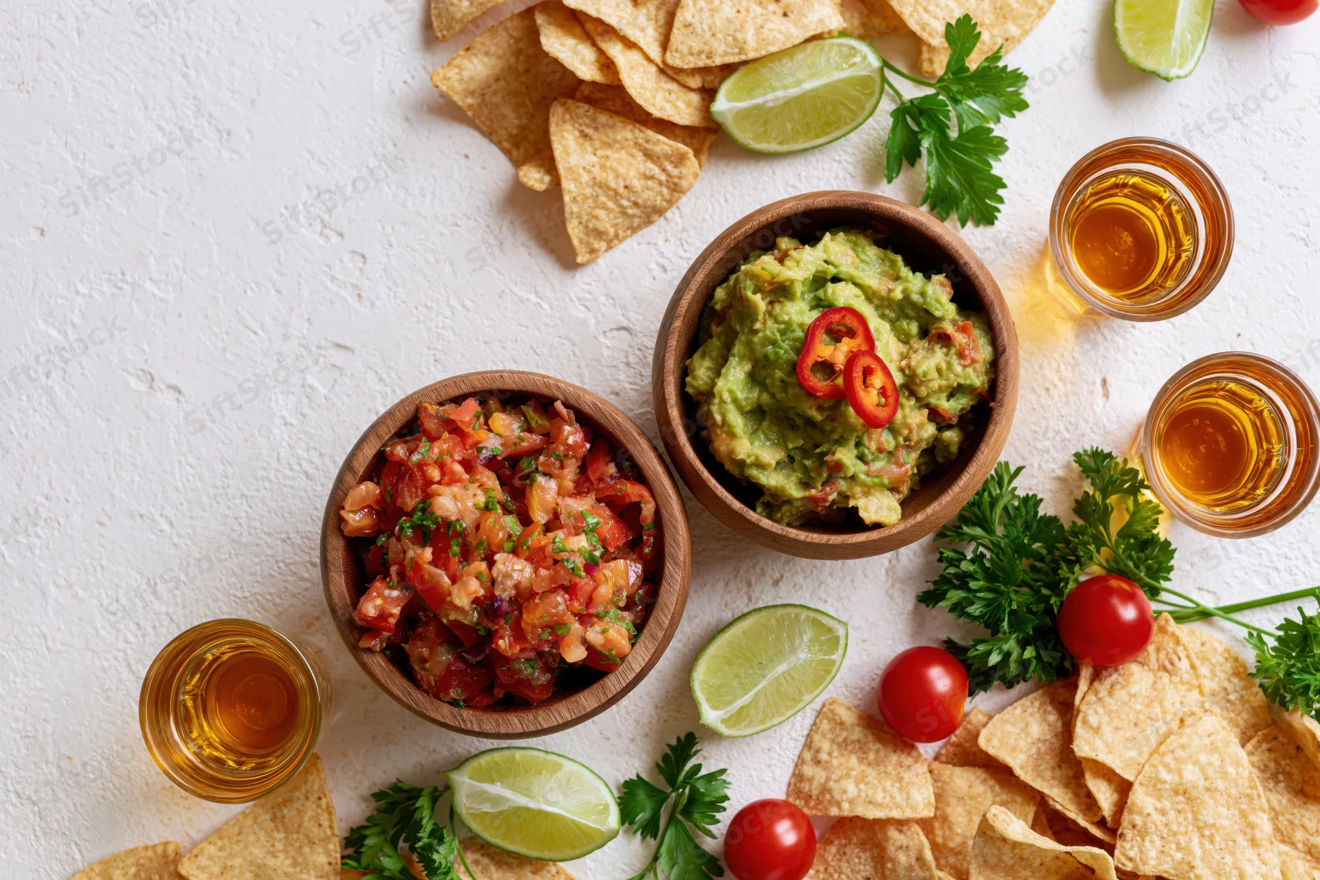 Mexican appetizer spread with guacamole, salsa, tortilla chips, lime, parsley, tomatoes, and tequila glasses arranged on a white textured surface in flat lay view
