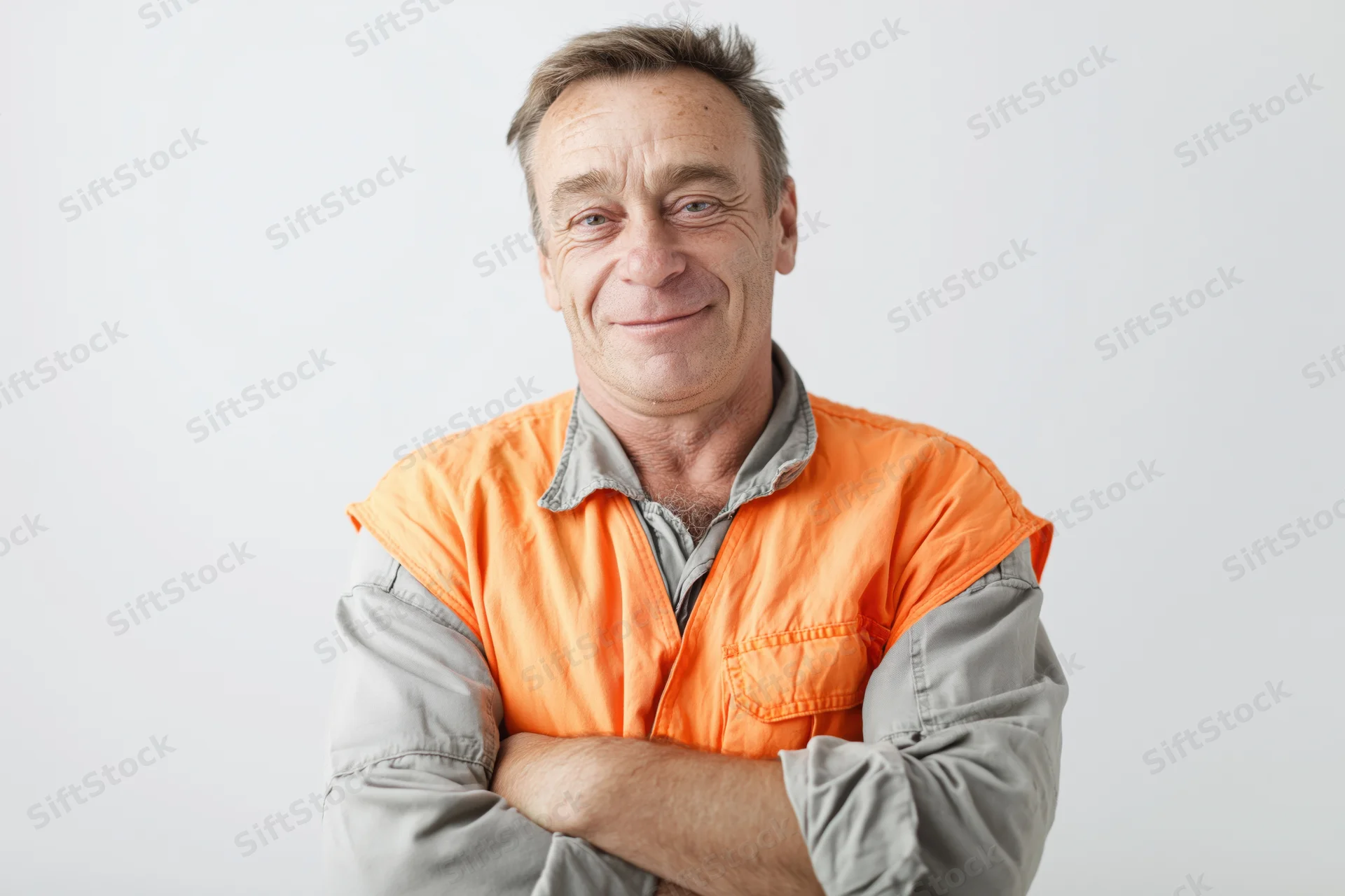 Middle-aged construction worker with arms crossed and gentle smile in orange safety vest against white background