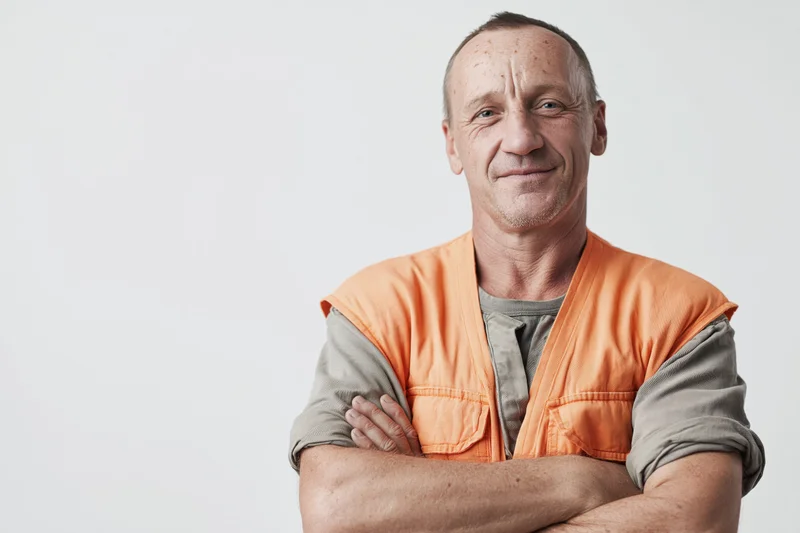 Middle-aged construction worker with arms crossed and gentle smile in studio portrait