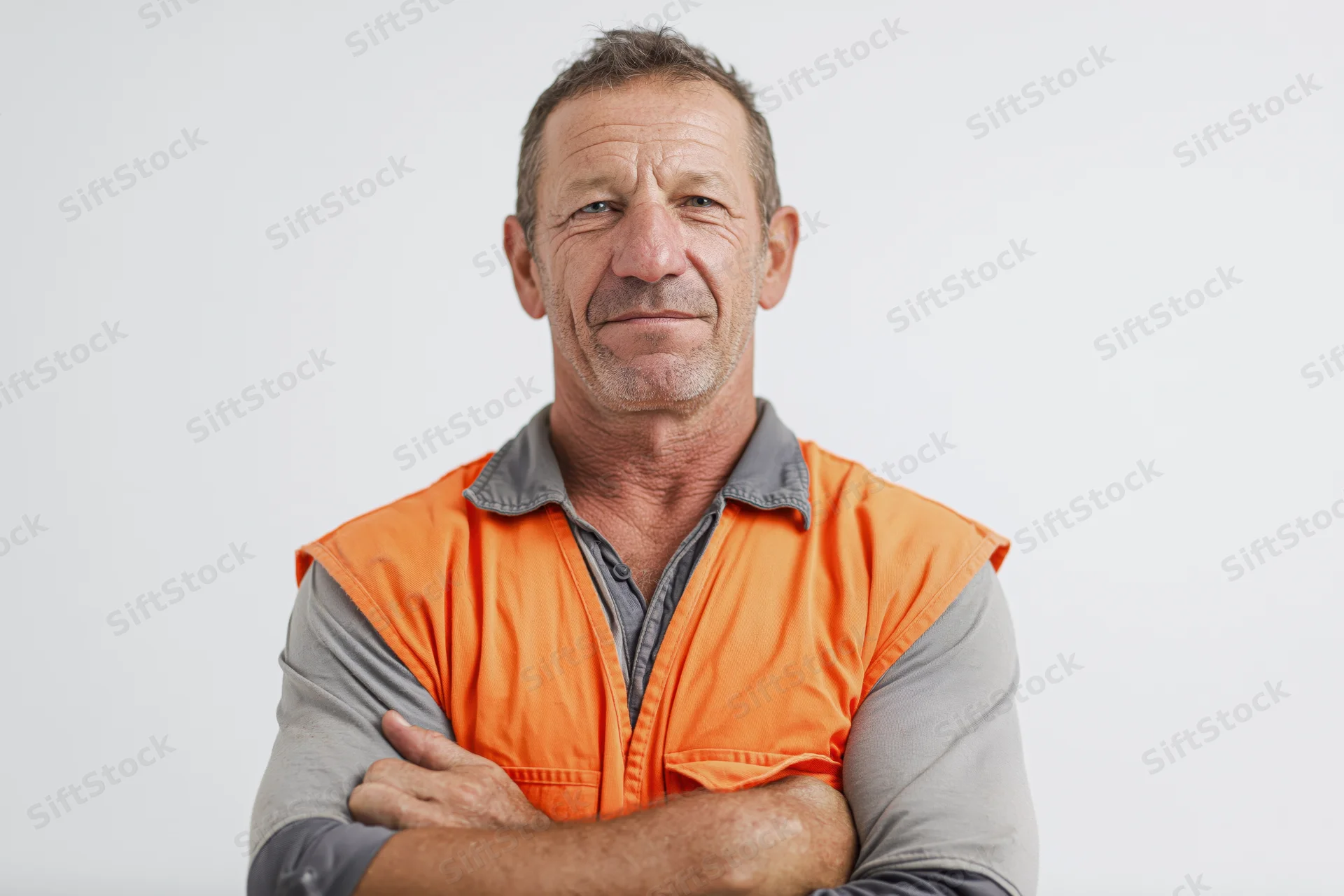 Middle-aged construction worker with arms crossed and gentle smile in studio portrait