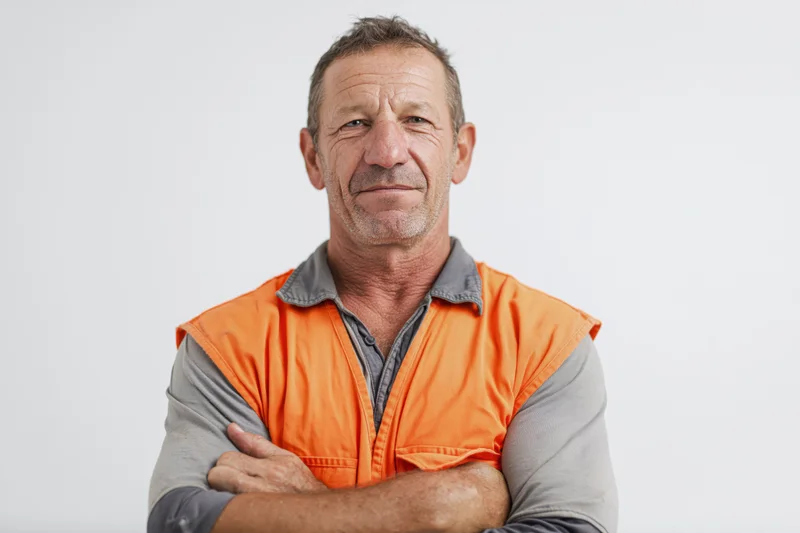 Middle-aged construction worker with arms crossed and gentle smile in studio portrait