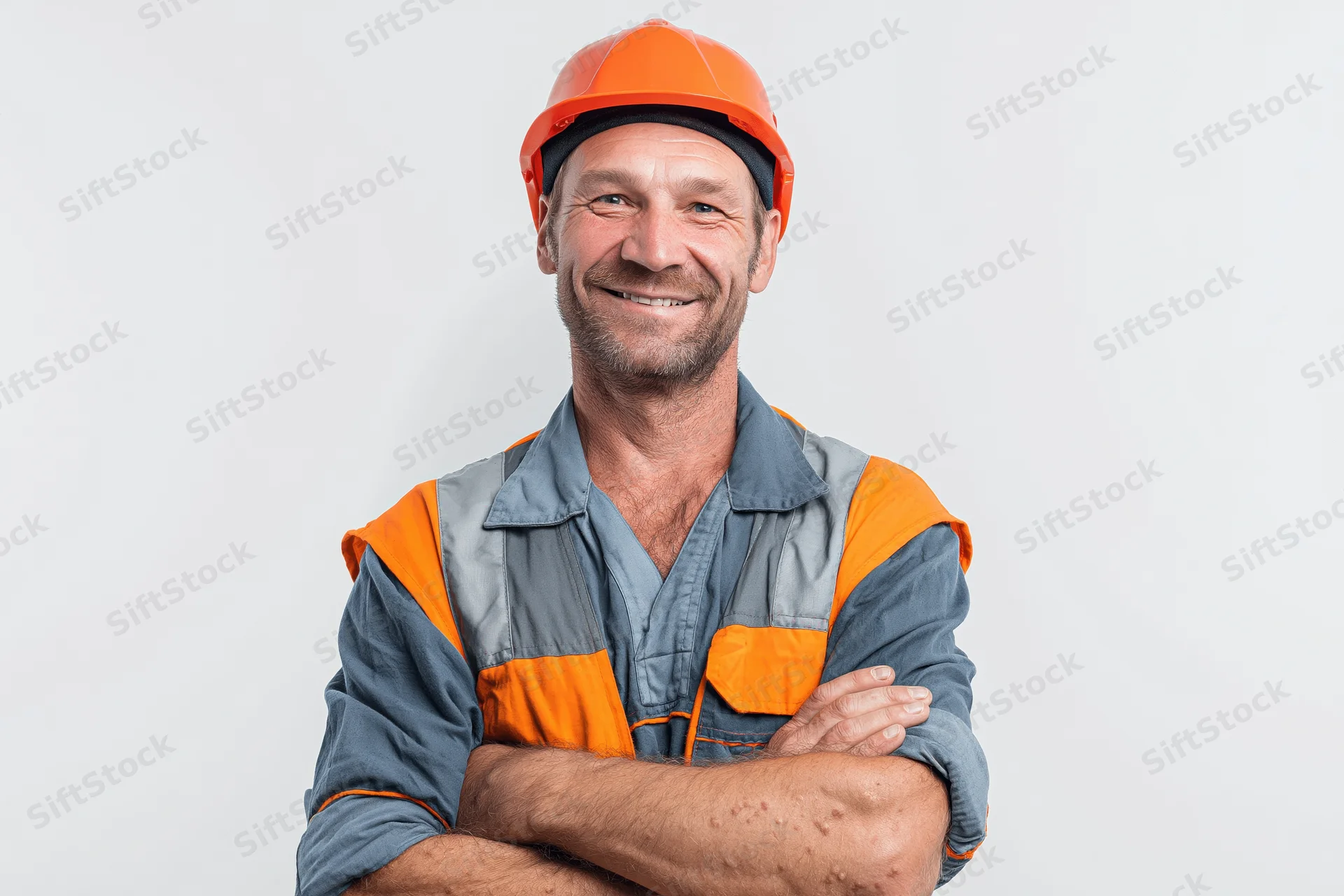 Middle-aged construction worker smiling with arms crossed in safety gear against white background