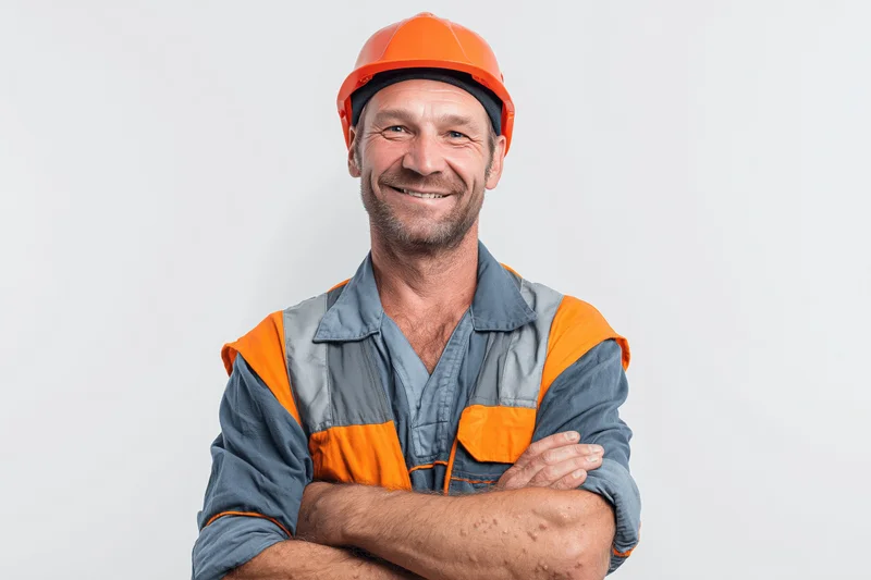 Middle-aged construction worker smiling with arms crossed in safety gear against white background