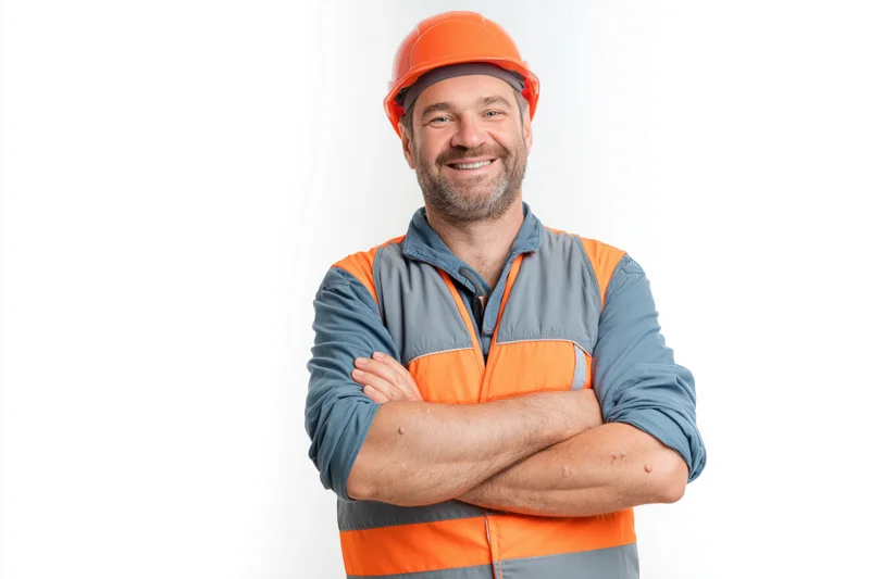 Middle-aged construction worker smiling with arms crossed in safety helmet and high-visibility vest against white background
