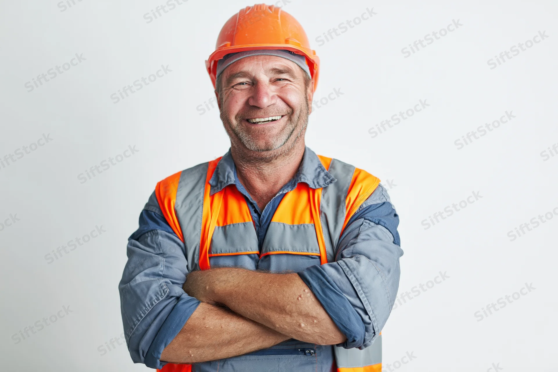 Middle-aged construction worker smiling with arms crossed against white background