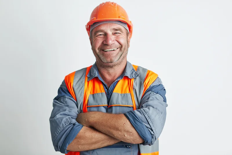 Middle-aged construction worker smiling with arms crossed against white background