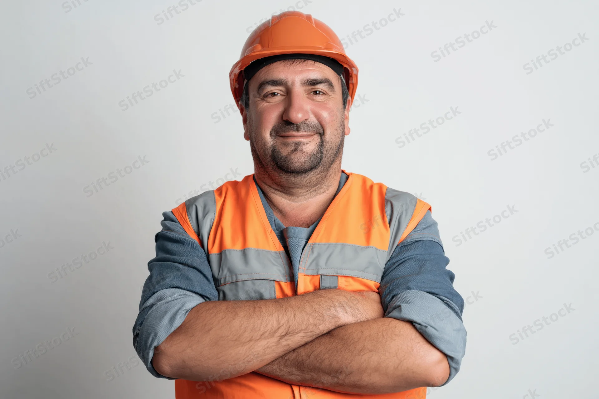 Middle-aged construction worker in orange safety helmet and vest with arms crossed smiling at camera