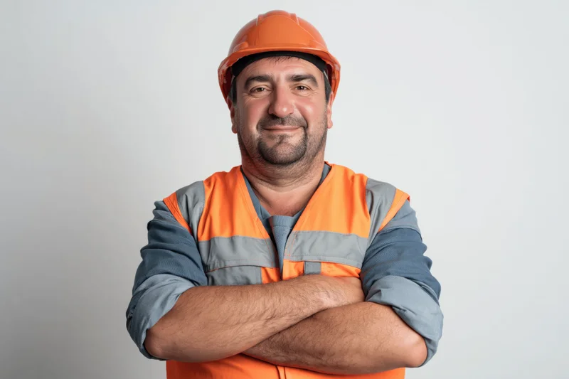 Middle-aged construction worker in orange safety helmet and vest with arms crossed smiling at camera