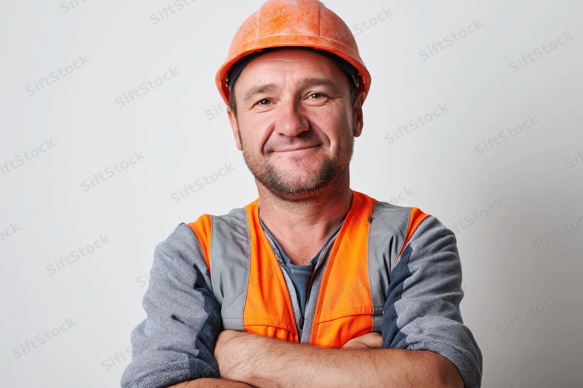 Middle-aged construction worker smiling with arms crossed in studio portrait