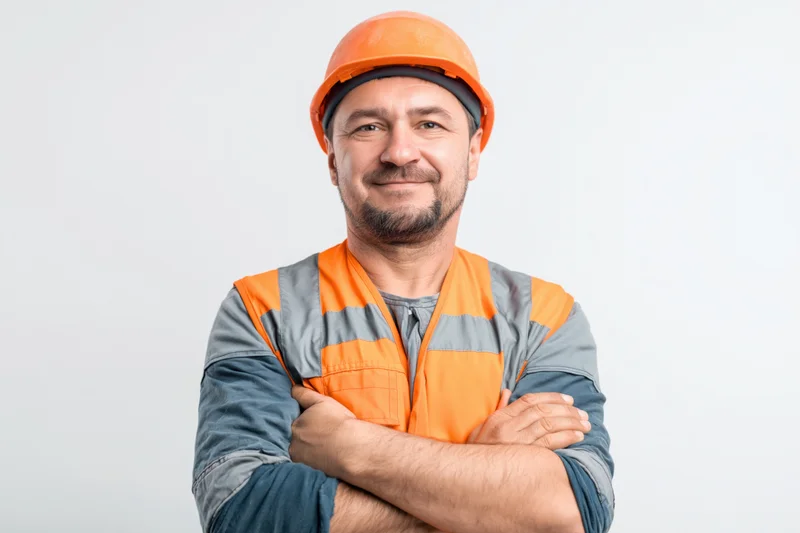Middle-aged construction worker in orange safety helmet and high-visibility vest with arms crossed against white background