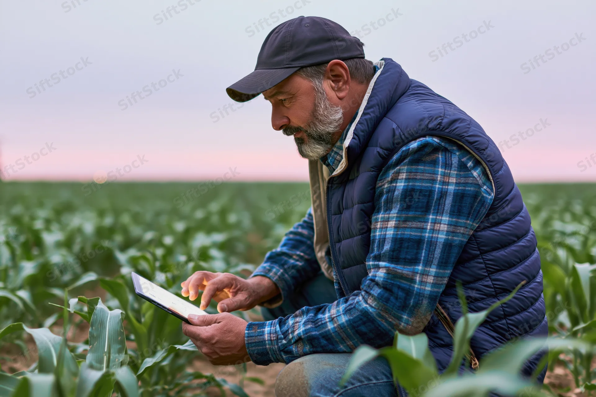 Middle-aged farmer crouching in a young cornfield using a tablet to inspect crops