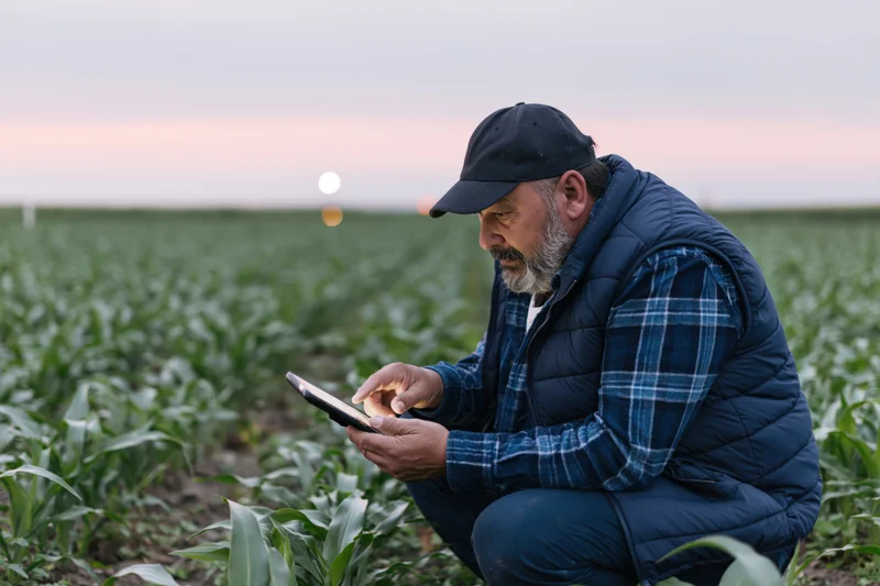 Middle-aged farmer crouching in a young cornfield using a tablet for crop inspection