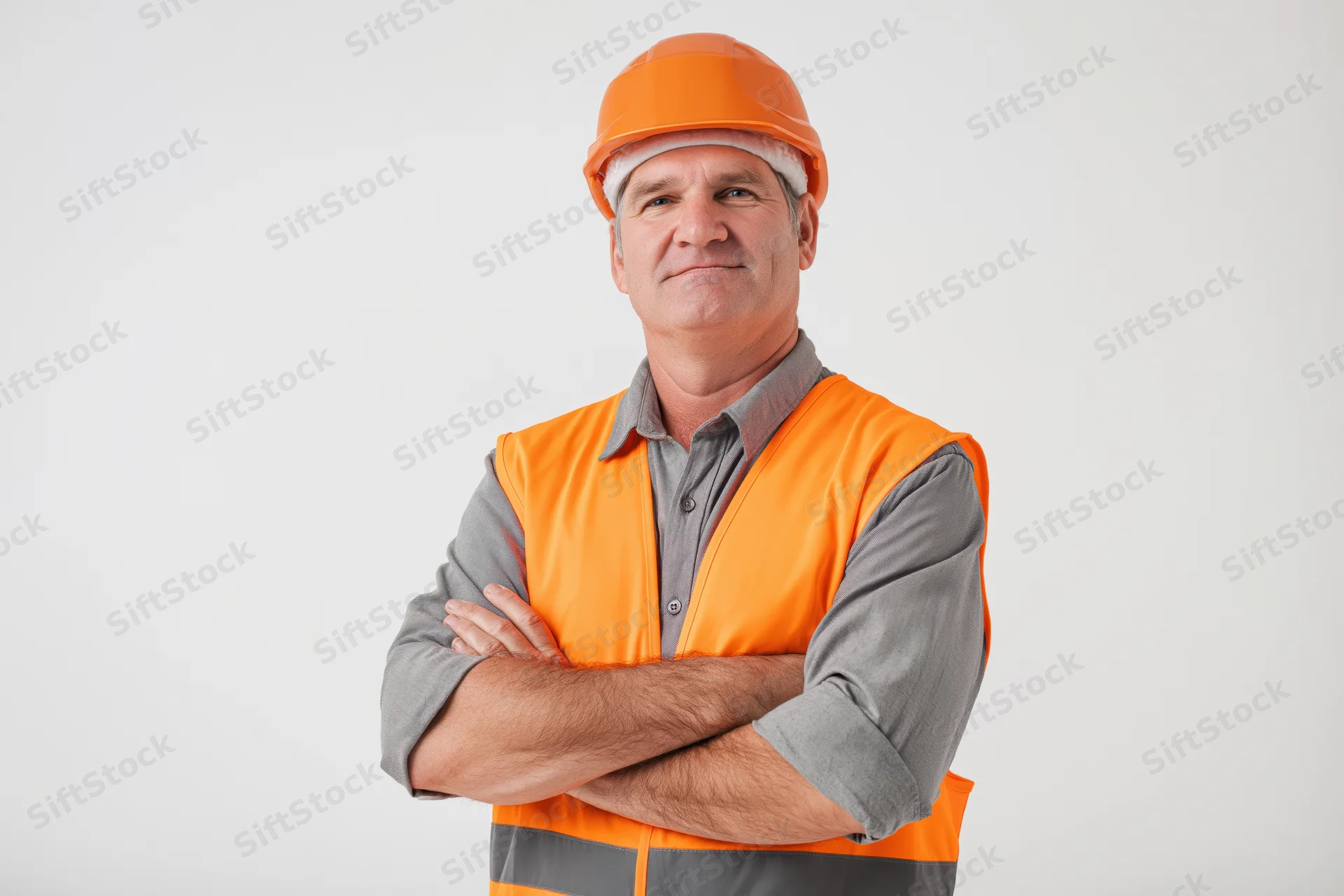 Middle-aged man in orange safety vest and hard hat standing with arms crossed against white background