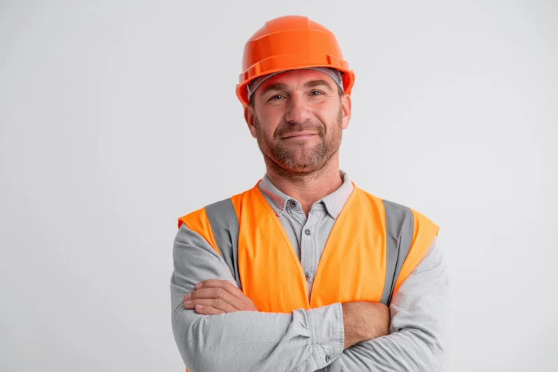 Middle-aged man in orange safety vest and hard hat standing with arms crossed against white background smiling