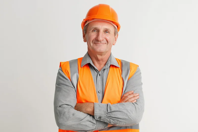 Middle-aged construction worker in orange safety vest and hard hat standing with arms crossed smiling in studio