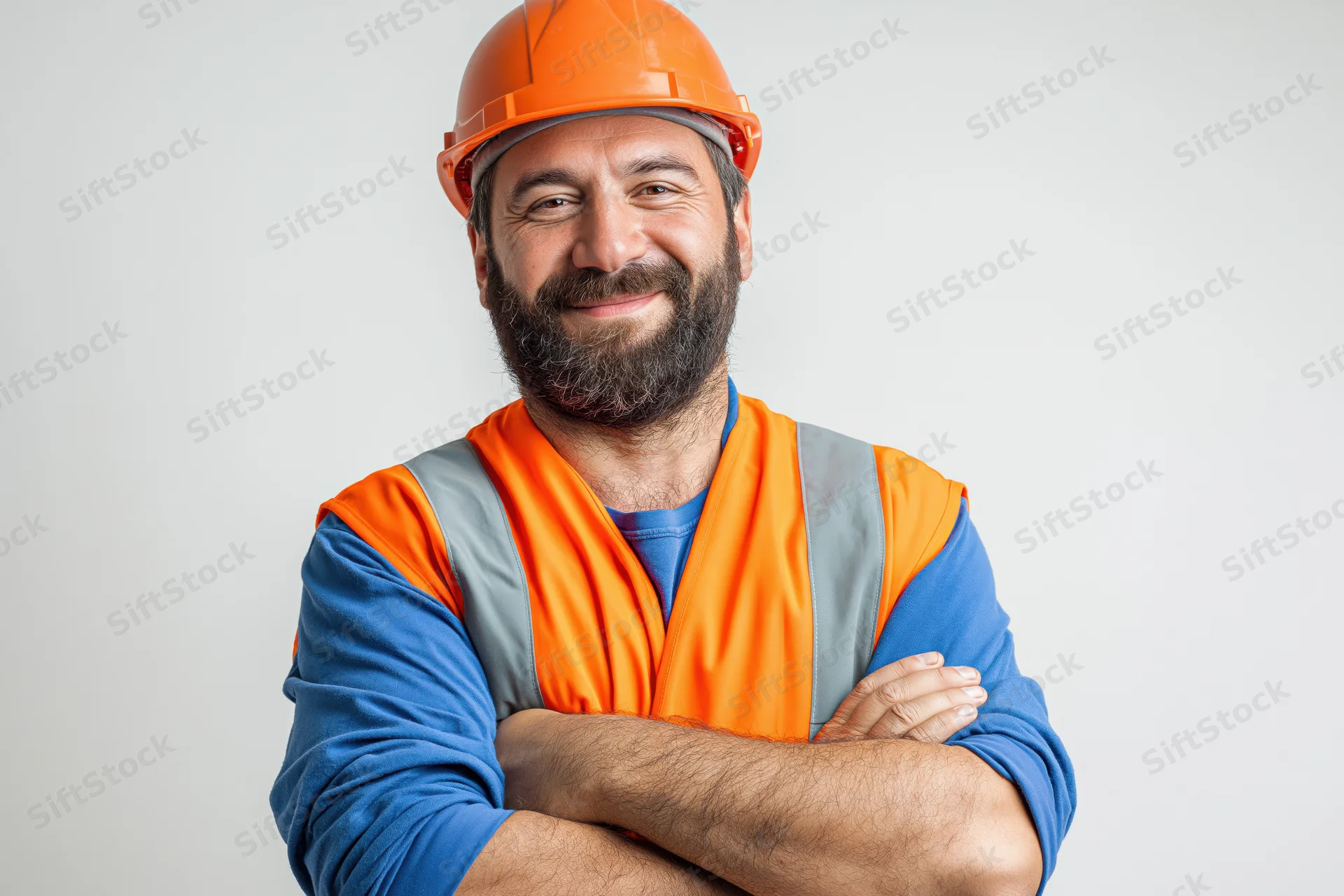 Middle-aged bearded man in orange safety helmet and high-visibility vest with arms crossed smiling in studio