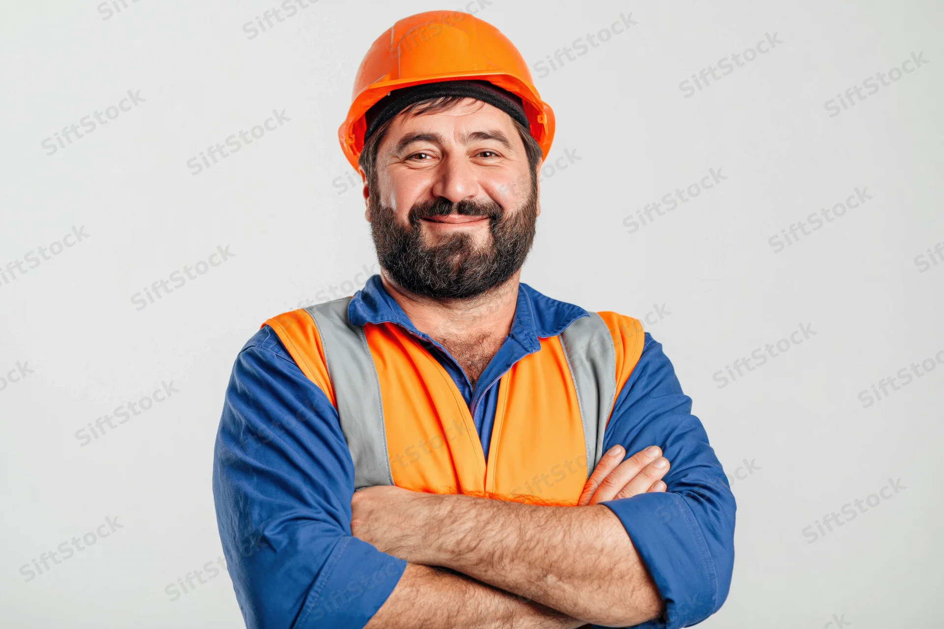 Middle-aged man with dark beard wearing orange safety helmet and vest, arms crossed, smiling in studio portrait
