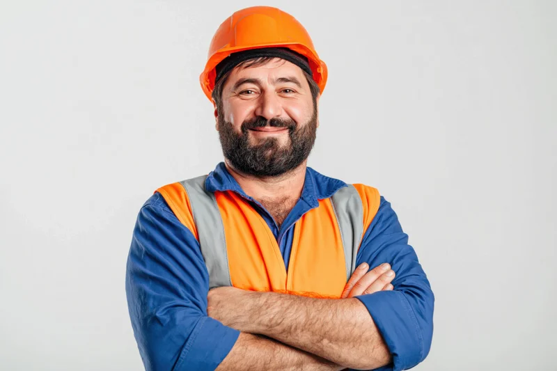 Middle-aged man with dark beard wearing orange safety helmet and vest, arms crossed, smiling in studio portrait