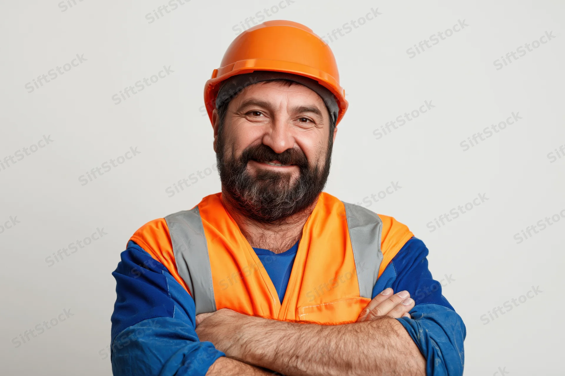 Middle-aged construction worker with orange helmet and vest, arms crossed, smiling in studio portrait
