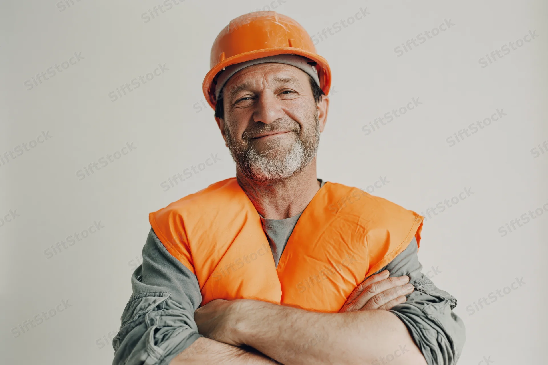 Middle-aged construction worker in orange safety helmet and vest, arms crossed, smiling at camera