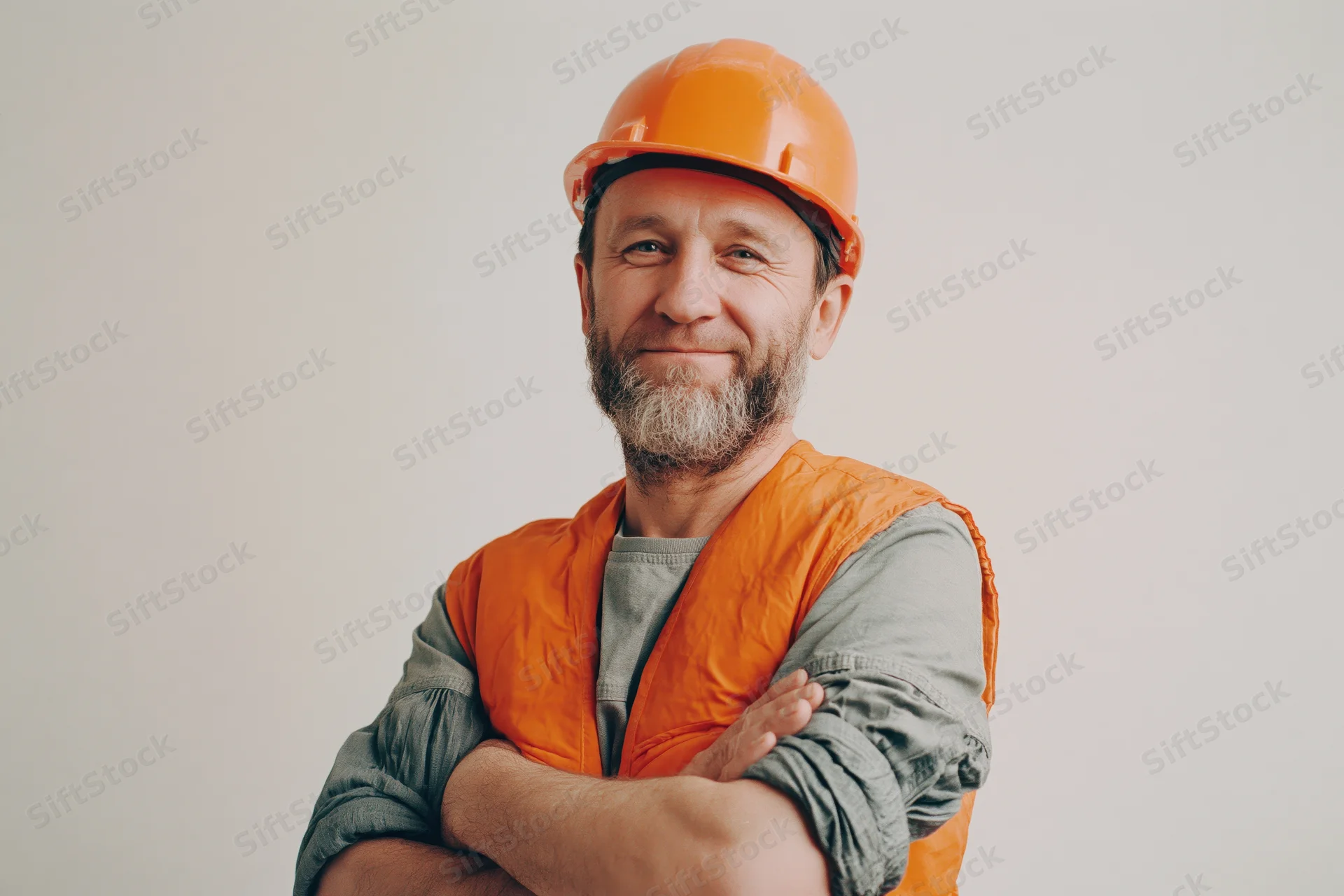 Middle-aged construction worker in orange safety helmet and vest, arms crossed, smiling in studio setting
