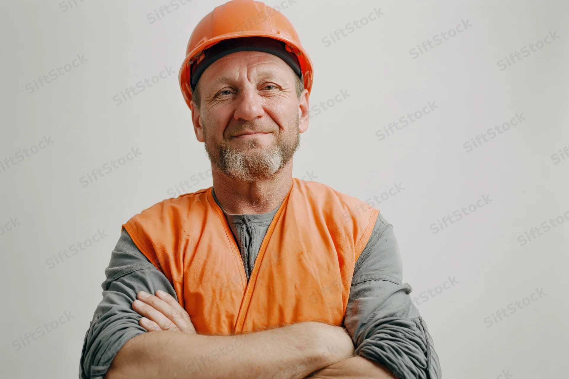 Middle-aged construction worker in orange safety helmet and vest, arms crossed, smiling, in studio setting