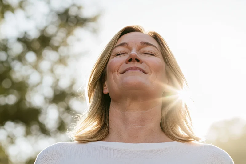 Middle-aged woman with shoulder-length blonde hair smiling with eyes closed in sunlight outdoors