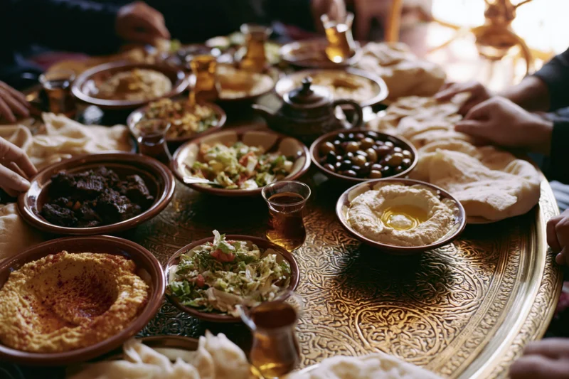 Middle eastern mezze spread on ornate brass tray with hands reaching for food during communal dinner