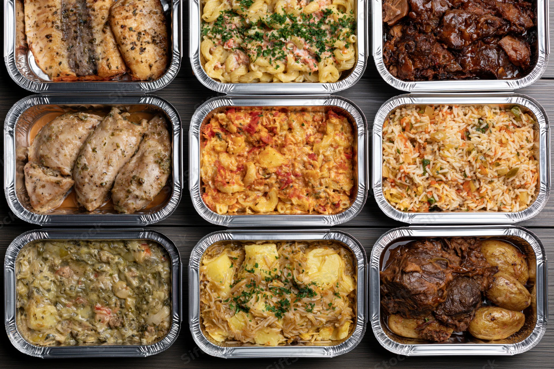 Nine aluminum foil containers filled with assorted cooked meals arranged in grid on dark wooden surface