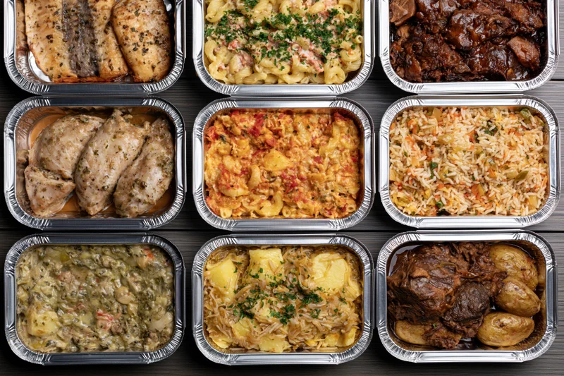 Nine aluminum foil containers filled with assorted cooked meals arranged in grid on dark wooden surface