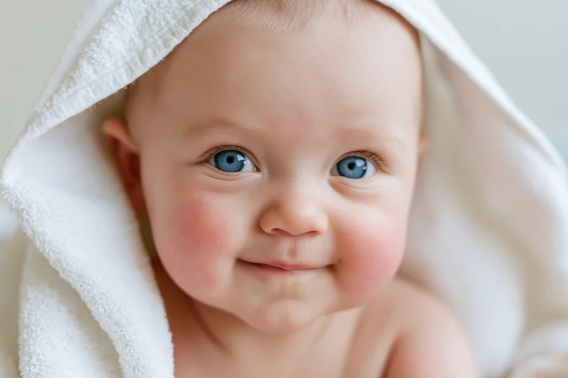 Baby wrapped in white towel smiling at camera indoors