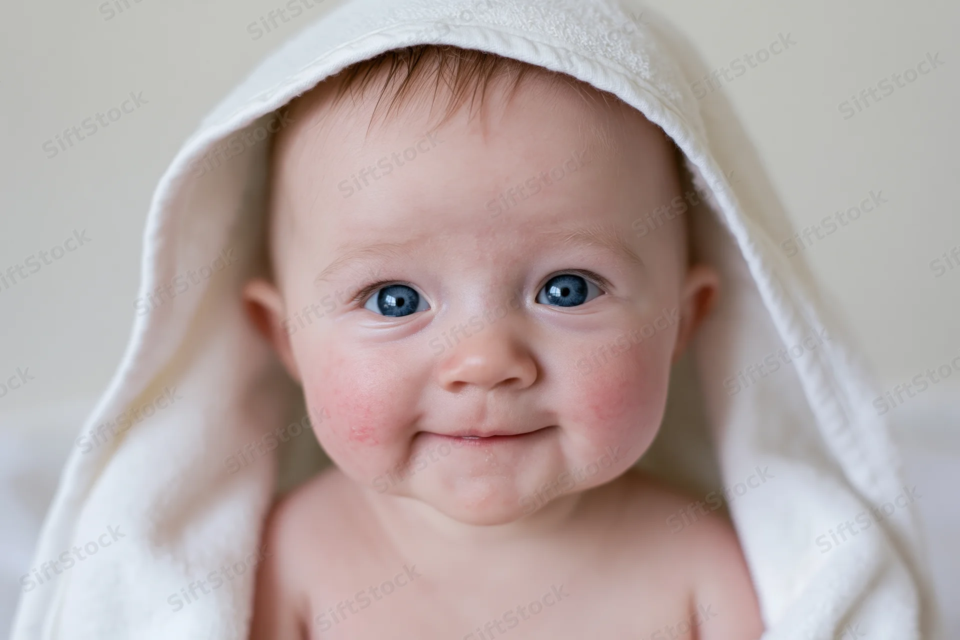 Baby wrapped in white towel smiling at camera indoors