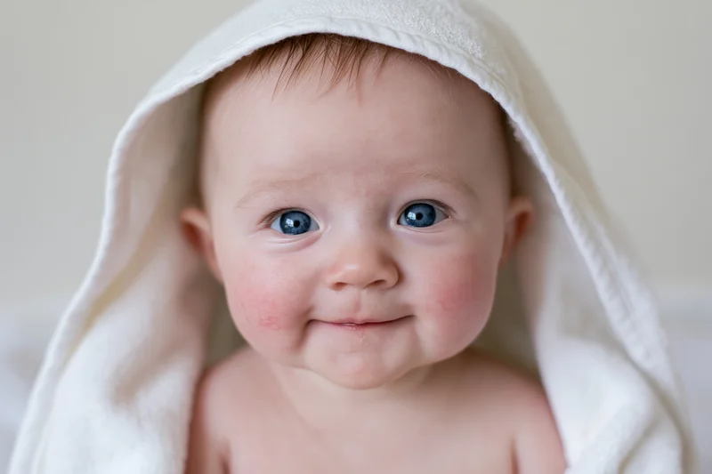 Baby wrapped in white towel smiling at camera indoors