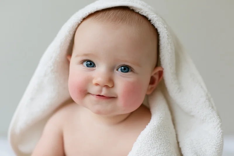Baby wrapped in white towel smiling at camera indoors
