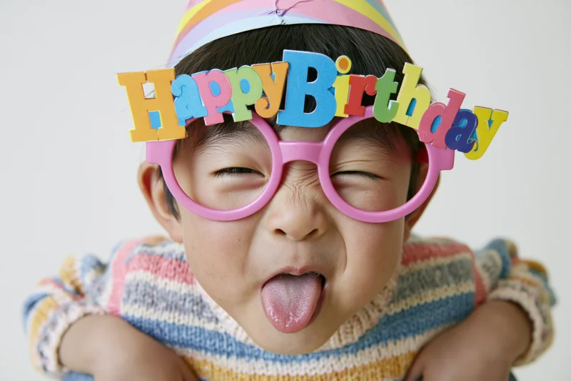 Child wearing colorful happy birthday party glasses and striped sweater, sticking out tongue, close-up portrait