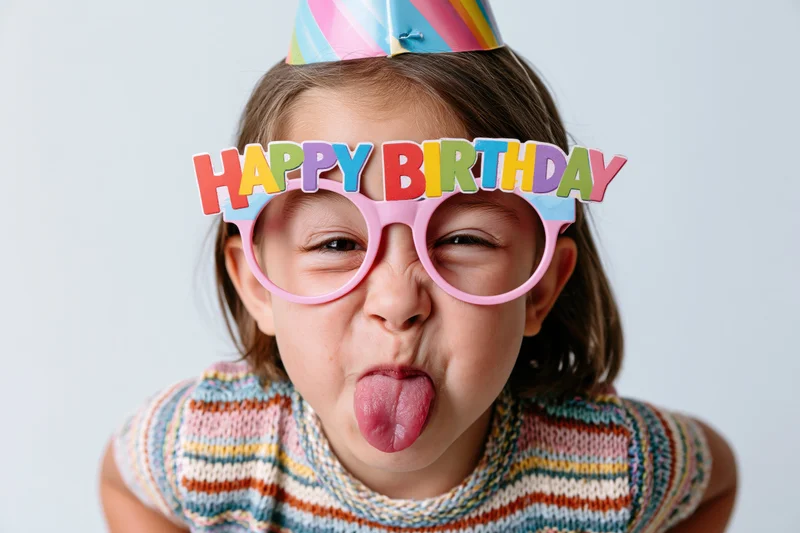 Child wearing colorful happy birthday glasses and party hat sticking tongue out in closeup portrait