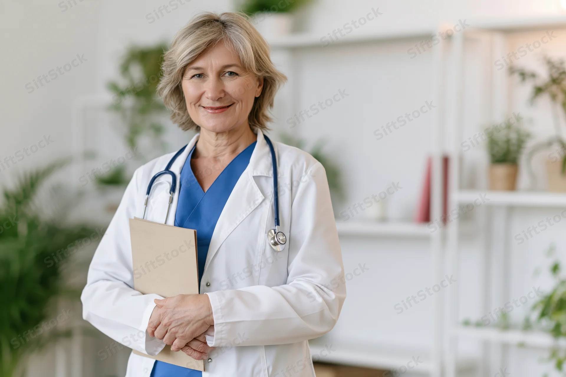 Woman doctor in white coat holding clipboard smiling in clinic office