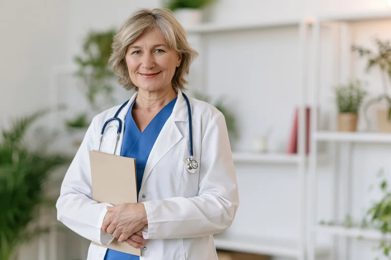 Woman doctor in white coat holding clipboard smiling in clinic office
