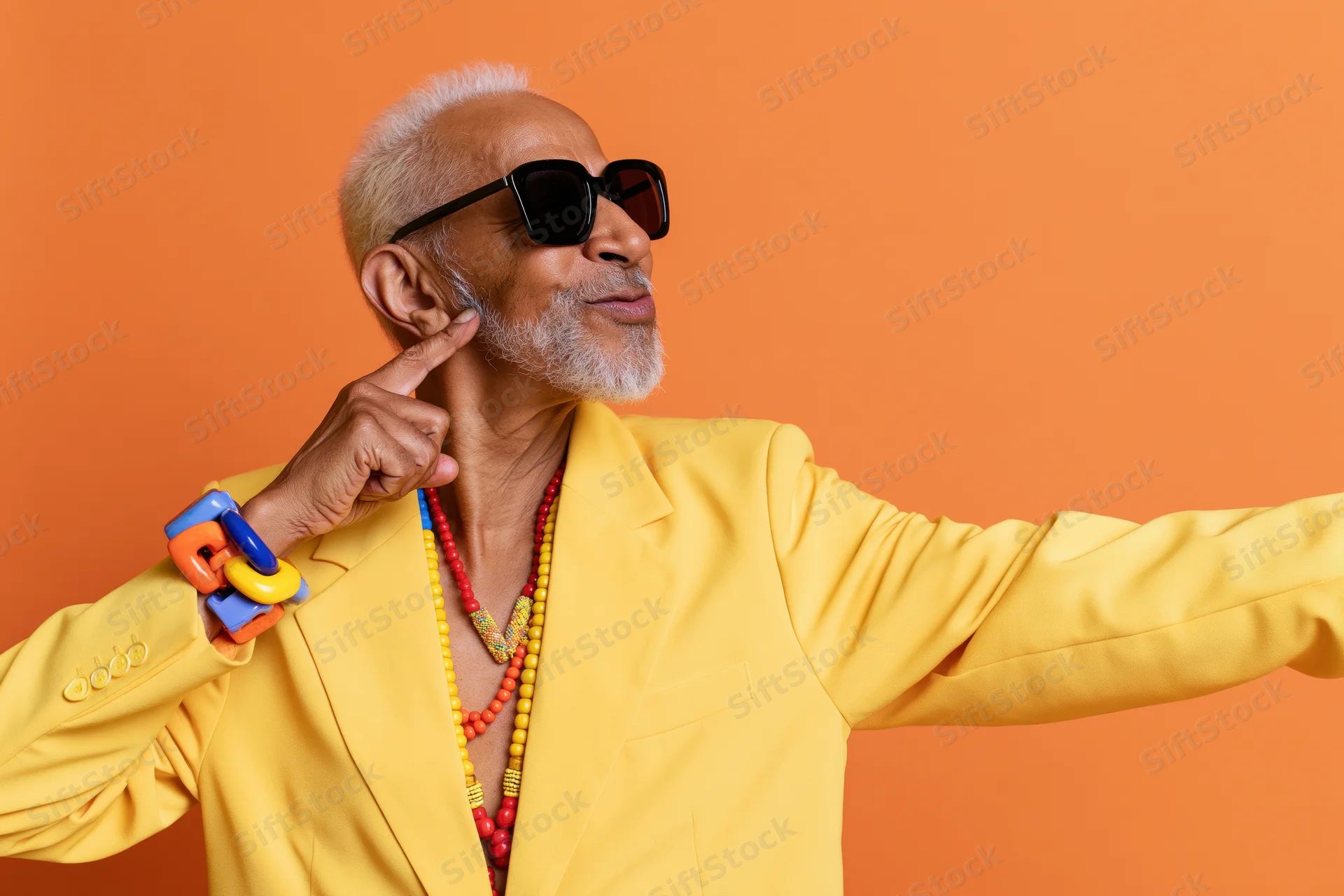 Senior man in yellow suit and sunglasses striking a dab pose against orange background