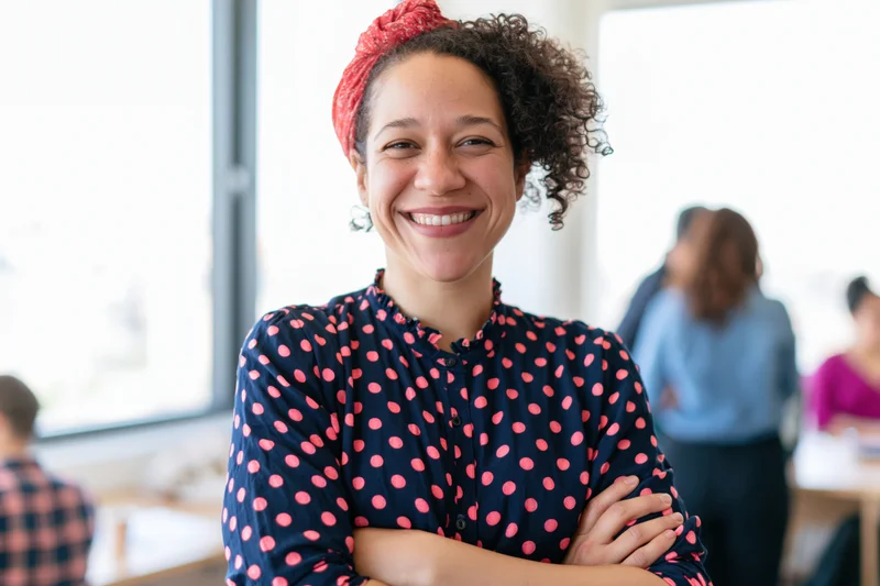 Woman smiling with arms crossed in office setting