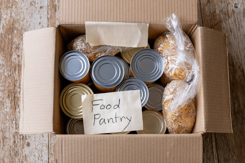 Open cardboard box filled with canned goods and dry food labeled food pantry on wooden surface