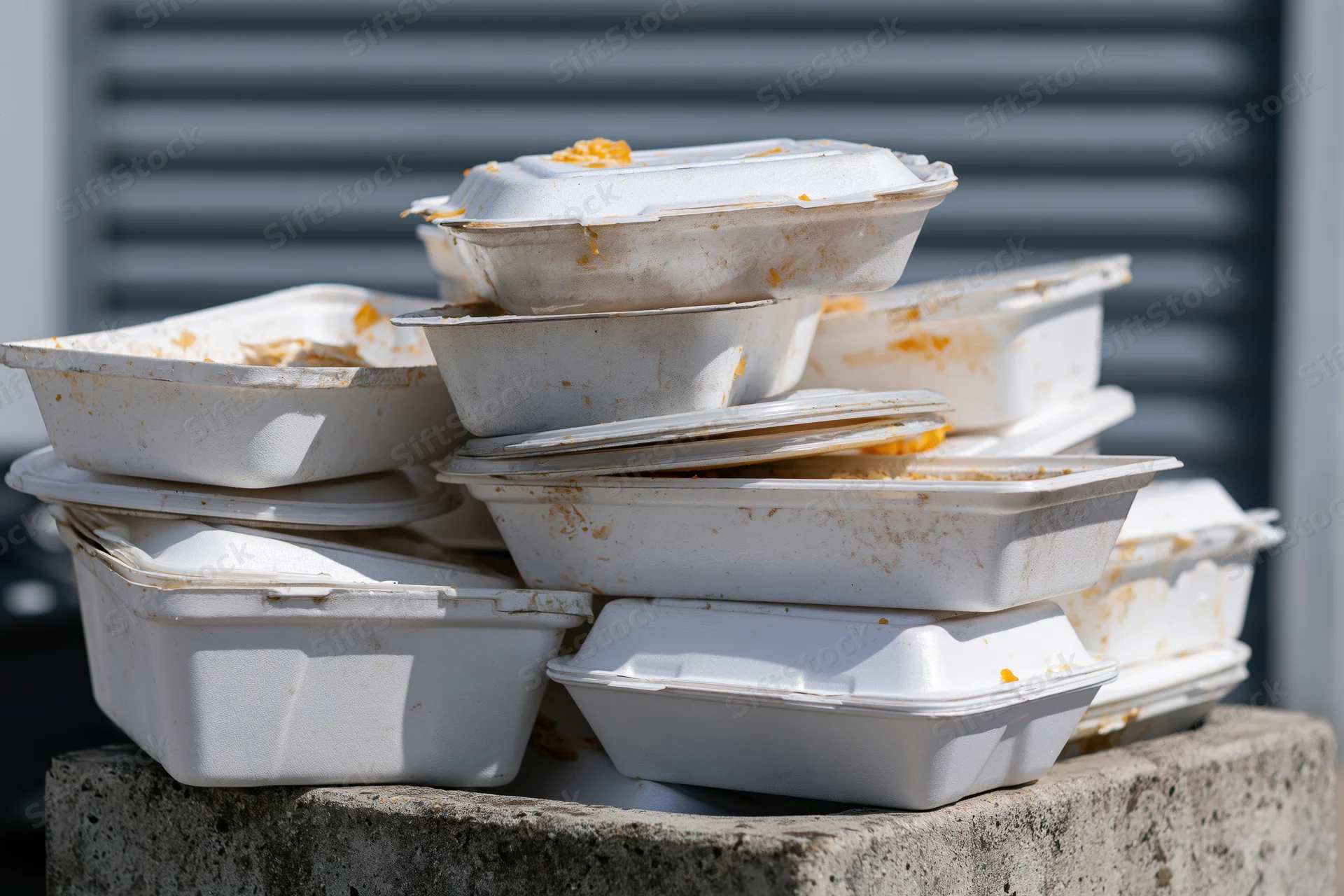 Pile of used styrofoam takeout containers stacked on concrete outdoors