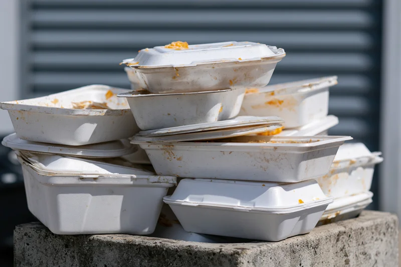 Pile of used styrofoam takeout containers stacked on concrete outdoors