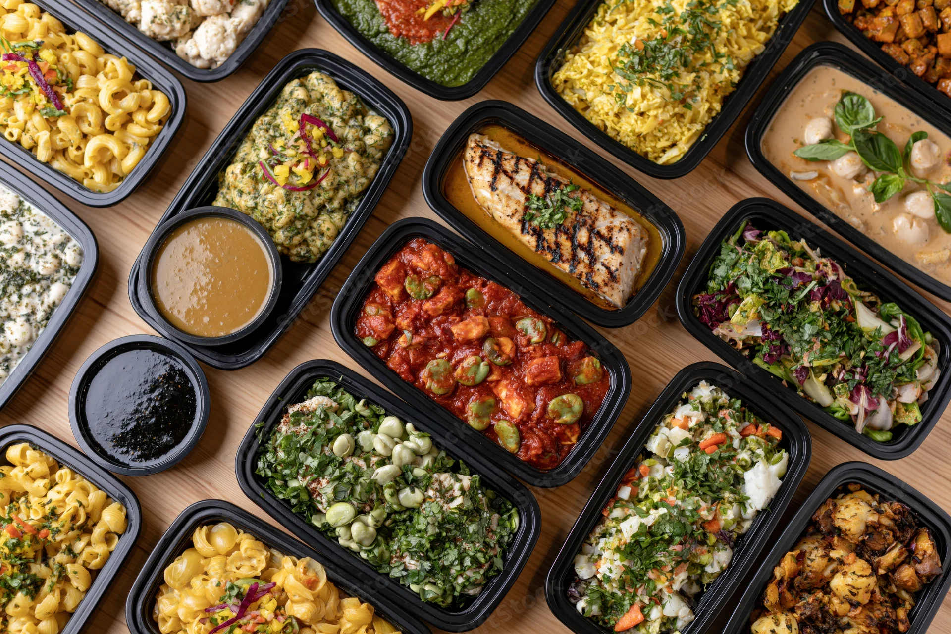 Overhead view of multiple prepacked meals in black containers arranged on wooden surface