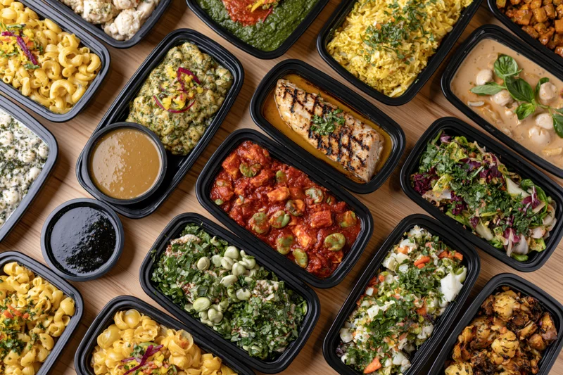 Overhead view of multiple prepacked meals in black containers arranged on wooden surface