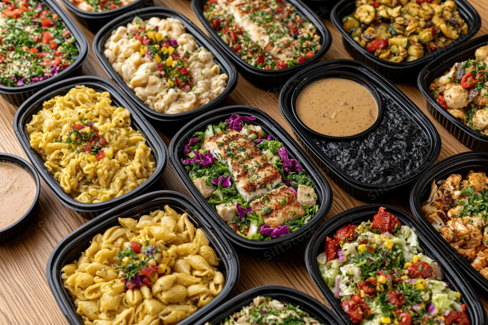 Overhead view of multiple prepacked meals in black containers arranged on a wooden table