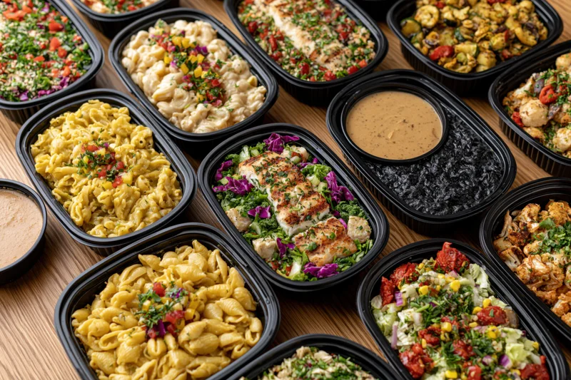 Overhead view of multiple prepacked meals in black containers arranged on a wooden table